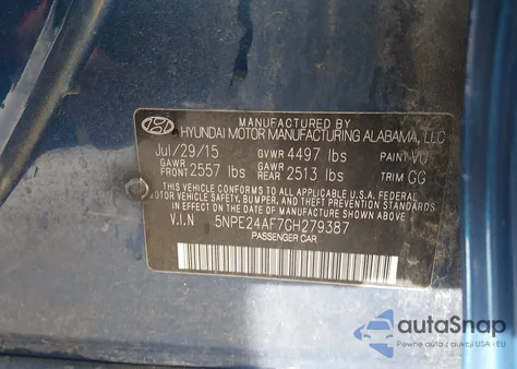 2016 Hyundai Sonata Se из США, поврежденный, VIN 5NPE24AF7GH279387